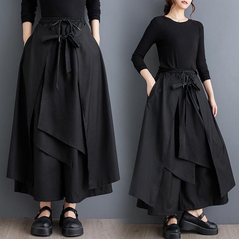 春夏 レディース ワイドパンツ ダークカラー フェイクツーピース ゆったり 紐付き カジュアル 普段使い 伸縮性 軽量 韓国風 ボトムス