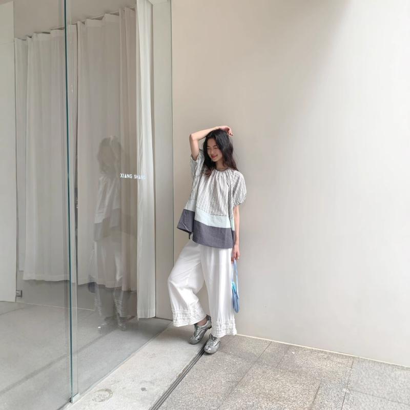 春夏 レディース 通勤 シンプル フリル ワイドパンツ おしゃれ カジュアル ロング丈 ストレッチ コットン混 軽量 ハイウエスト|みやショップ店