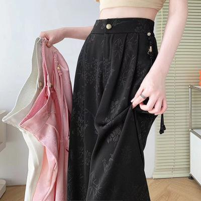 夏 レディース ハイウエスト ワイドパンツ 中華風 刺繍柄 アセテート サテン 生地 スリム効果 ドレープ感 ルーズ ロング丈 ストレート カジュアル 普段使い 軽やか 光沢