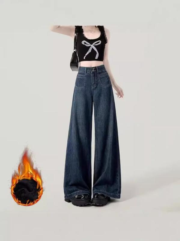 レディース ジーンズ ハイウエスト ワイドレッグ ルーズ ストレートパンツ 秋冬 暖か裏地 デニム ペティ ロング丈 カジュアル 伸縮性 コットン混