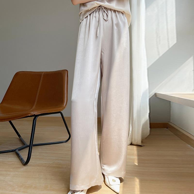 レディース 春夏 ハイウエスト ワイドパンツ アセテート サテン ジャカード プリーツ デザイン 軽量 伸縮性 吸湿速乾 通勤用 普段使い カジュアル