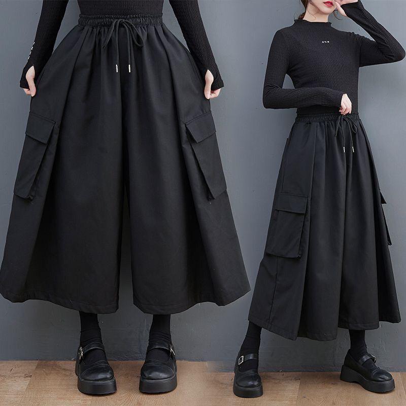 ワイドパンツ 春夏 レディース ダークカラー スリム見え ゆったり ロング丈 大ポケット ゴムウエスト カジュアル ワークスタイル 普段使い 軽量 伸縮性