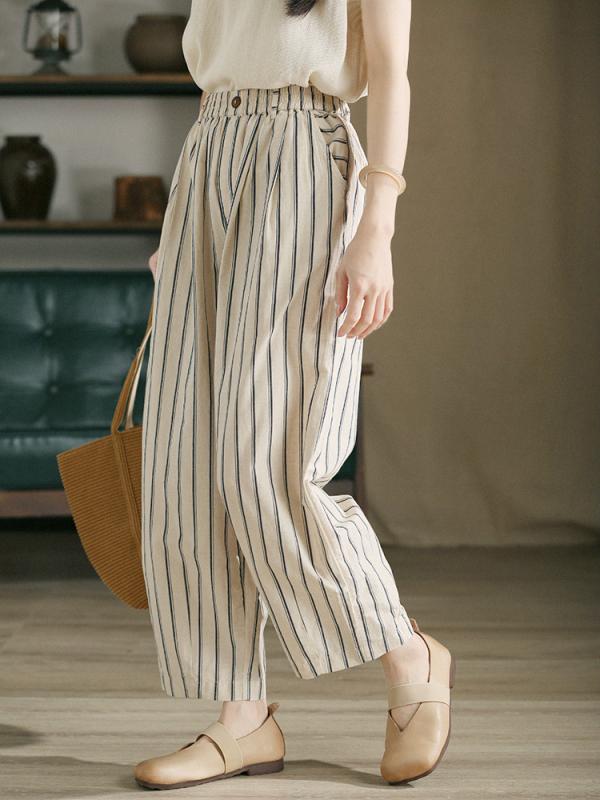 パンツ 女性用 綿麻素材 縦ストライプ柄 ゆったりシルエット スリム見せ ストレートレッグ リラックスフィット カジュアルロング 春 通気性 軽量 普段使い｜みやショップ店