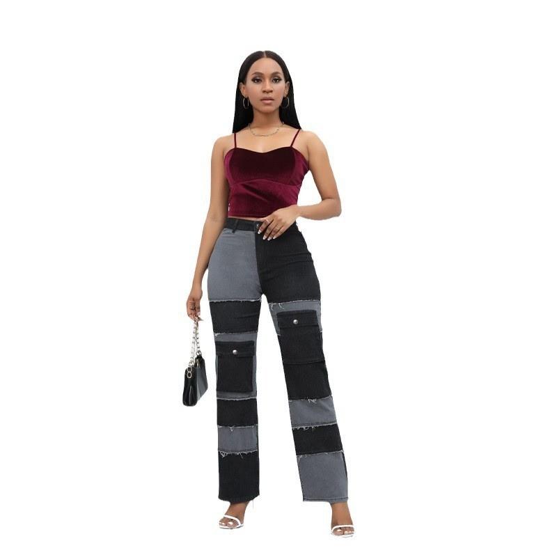 レディース ハイウエスト ストレート デニムパンツ 切り替え デザイン 欧米風 ファッション エレガント スタイル コットン混紡 ロング丈 快適 フィット 日常使い