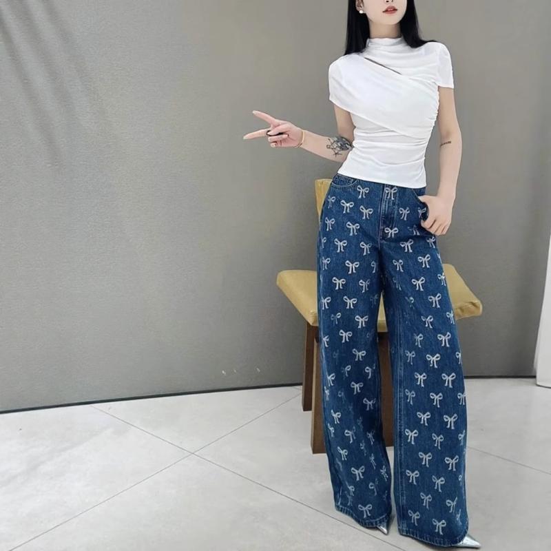 レディース ワイドレッグ デニムパンツ フレンチスタイル レトロ 蝶結び ストーン装飾 カジュアル 普段使い ストレッチ デニム素材 ハイウエスト ビッグシルエット|みやショップ店