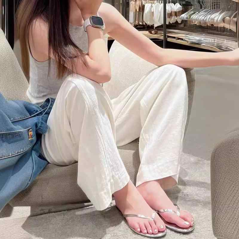レディース 春夏 ホワイト 綿麻 ハイウエスト ワイドレッグパンツ 小柄対応 垂れ感 細見え ストレート 普段使い カジュアル ボトムス 通気性 軽量