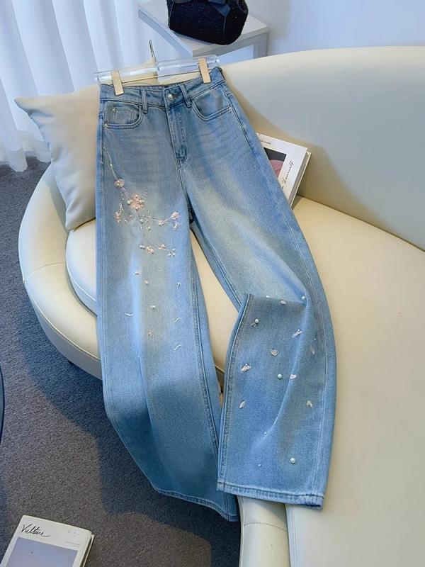 デニムパンツ レディース ワイドレッグ ハイウエスト ストレート 春夏 花刺繍 デザイン スタイリッシュ ファッション カジュアル 普段使い コットン素材 ボトムス