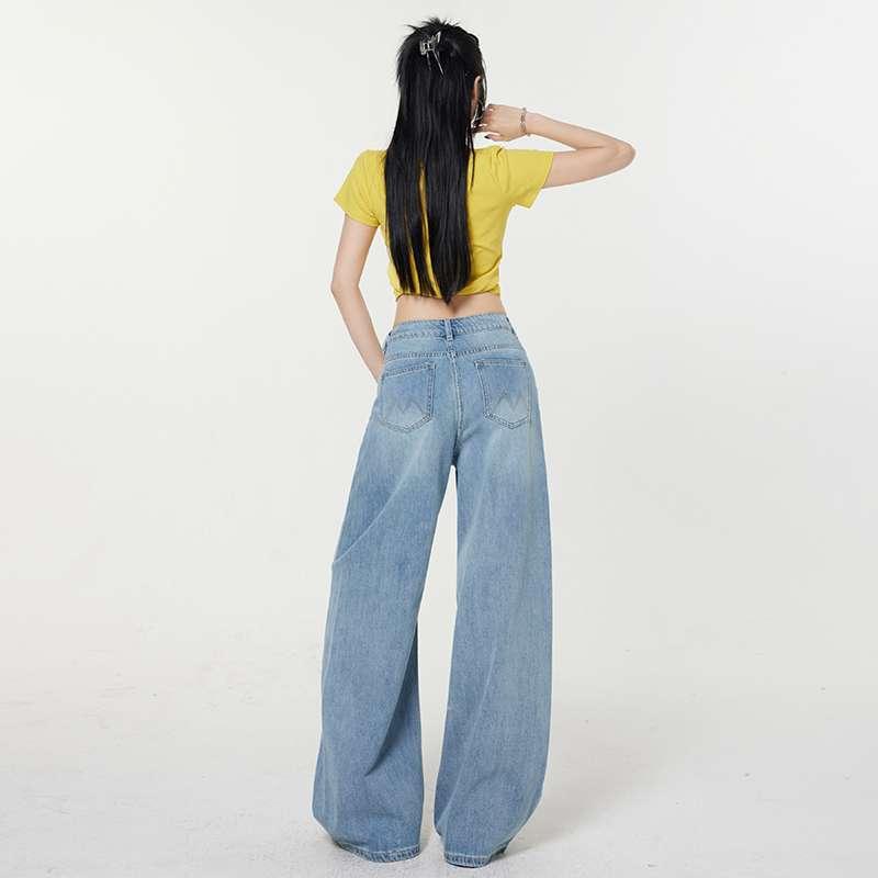 レディース 夏用 デニム ワイドパンツ ハイウエスト ストレート ブルー カジュアル 柔らか手触り ドレープ 普段使い ストレッチ 軽量 吸湿速乾 通勤対応
