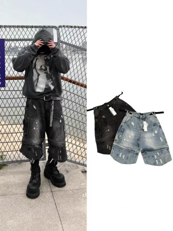 デニムパンツ ビンテージ ダメージ加工 スプラッシュデザイン ウォッシュ仕上げ 切り替え 7分丈 ショートスタイル ワイドレッグ カジュアル コットン素材 軽量 伸縮性 7,456円