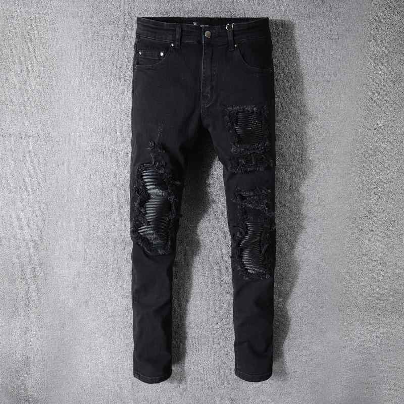 メンズ デニムパンツ 破れ ブラック 切り替え バイカースタイル ヒップホップ トレンド ジーンズ ストレッチ 素材 普段使い クラブ ファッション ハイストリート