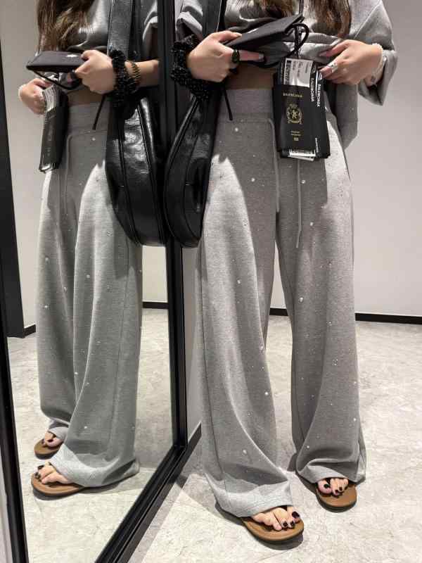 レディース ハイウエスト ストレート パンツ ジルコニア 装飾 カジュアル ゆったり 韓国風 リラックスフィット 普段使い 伸縮性 軽量 スタイリッシュ ボトムス トップス コーデ