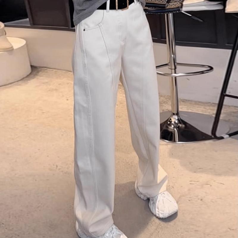 デニムパンツ レディース オフホワイト ハイウエスト ワイドレッグ ストレート ゆったり リラックスフィット スリム効果 デザイン性 秋 カジュアル 普段使い コットン混 伸縮性 軽量 通勤対応