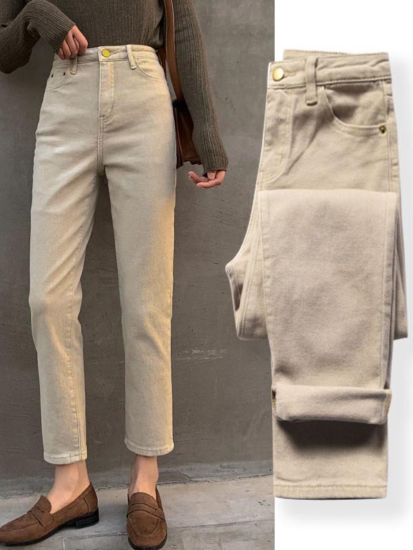 デニムパンツ 女性用 カーキ色 ハイウエスト スリムシルエット 九分丈 ストレートレッグ 小柄対応 秋 カジュアル コットン素材 普段使い