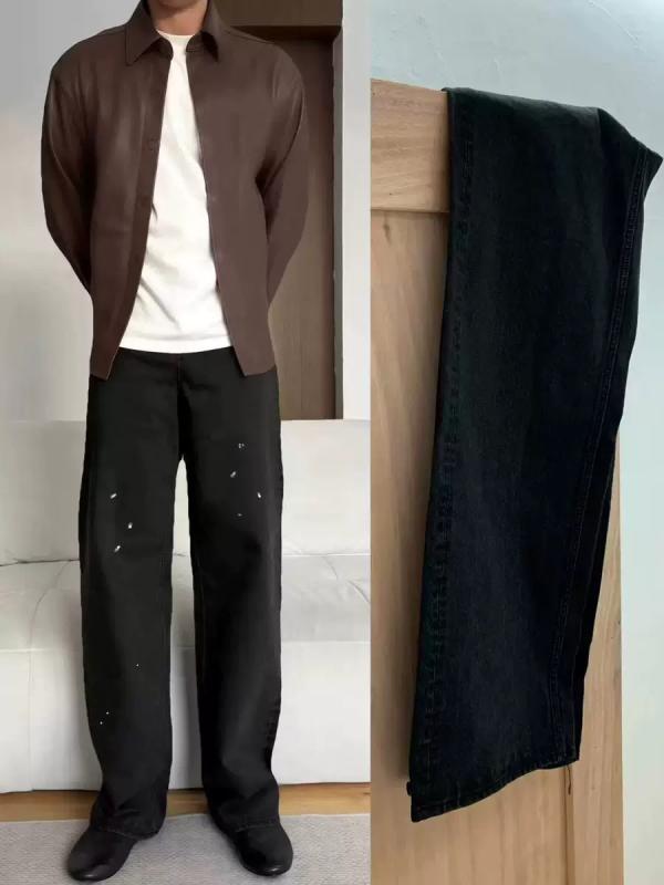 メンズ レディース ブラック デニムパンツ ジーンズ ヴィンテージ ウォッシュ加工 ユーズド加工 ロング丈 カジュアル 普段使い ストレッチ コットン 素材 スリムフィット ユニセックス
