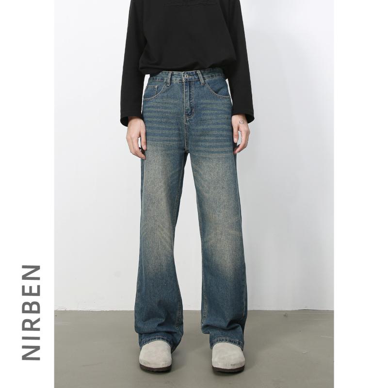 メンズ デニムパンツ レトロ ブルー系 アメリカン ストリート ウォッシュド シンプル ルーズ ストレート ワイドレッグ ロングパンツ カジュアル コットン 素材 普段使い