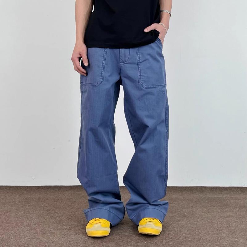 デニムパンツ メンズ レディース アメリカンスタイル ブルー インディゴ ゆったり ルーズフィット ストレートレッグ 微フレア ロング丈 フルレングス カジュアル ワークウェア デニム生地 普段使い