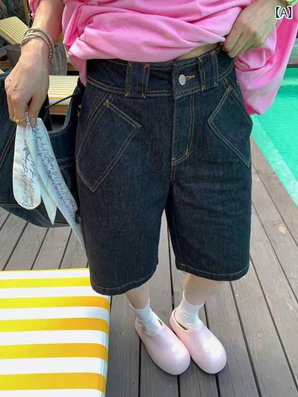 女性用 デニム ショートパンツ 夏 薄手 ゆったり ストレート 膝上丈 ハイウエスト 細見え レトロ ツートンカラー カジュアル 普段使い