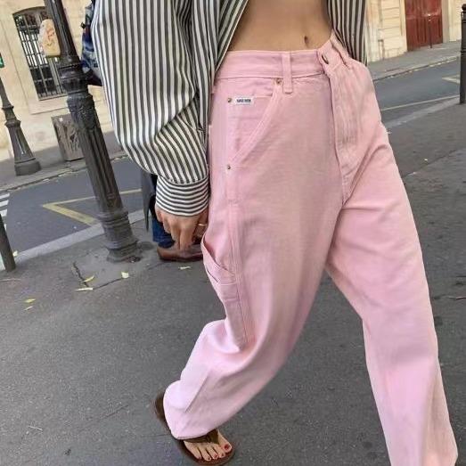 デニムパンツ ピンク 白 ハートボタン カジュアル ストレートレッグ 綿素材 伸縮性 普段使い 軽量 通勤対応 女性用 トップス合わせ シンプルデザイン