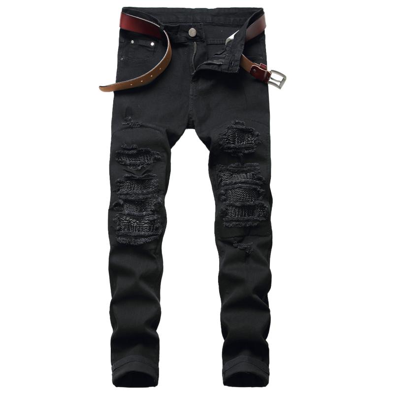 デニムパンツ メンズ 破れ入り ストレートレッグ スリムフィット カジュアル ファッション 普段使い コットン 素材 伸縮性 軽量 トレンド スタイル