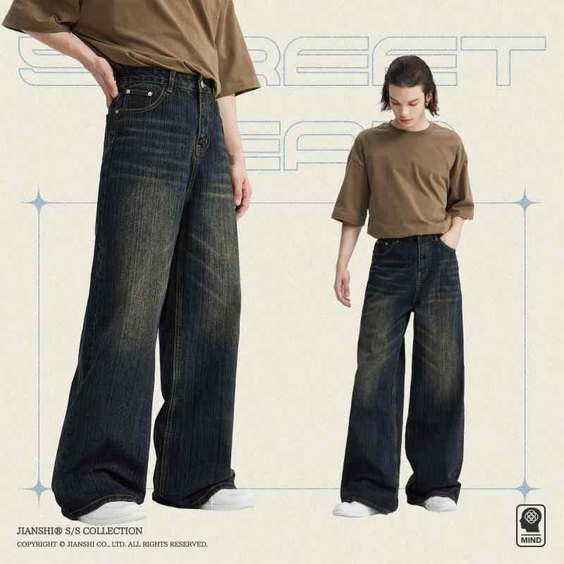 メンズ デニムパンツ レトロ アメリカンスタイル ウォッシュ加工 竹節ストライプ ゆったり ストレート シルエット コットン素材 普段使い 軽量 伸縮性