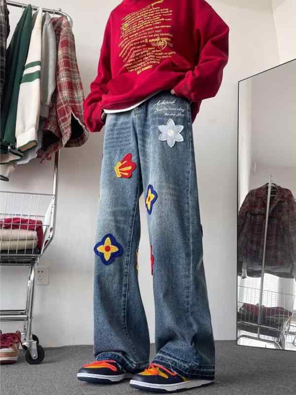 ユニセックス デニムパンツ ルーズ ストレート レッグ カジュアル ロングパンツ ウォッシュ加工 ヒップホップ ストリート 普段使い 快適 コットン混 ゆったり シルエット