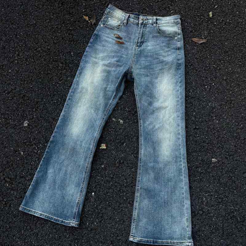 デニムパンツ アイスブルー レトロ ウォッシュド ヴィンテージ加工 ハイストリート 微フレア シルエット カジュアル ストリート 普段使い 伸縮性 軽量 コットン混 ブルー系