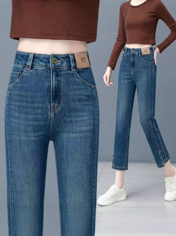 レディース デニムパンツ ハイウエスト ストレート スリム 小柄向け 秋 カプリ丈 スリット 切り替え 伸縮性 吸湿速乾 普段使い 通勤用 軽量 再生繊維