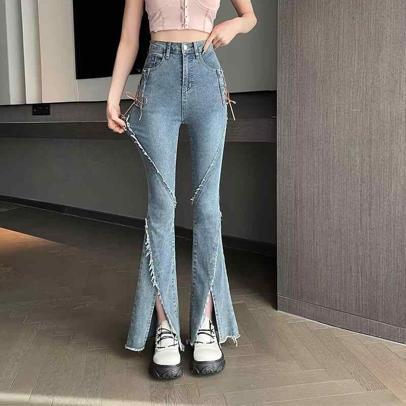 デニムパンツ 女性用 レトロ スリット フリンジ 紐付き ハイウエスト 伸縮性 スリムフィット 微ベルボトム ロング丈 春秋 カジュアル ボトムス ジーンズ 普段使い デニム素材