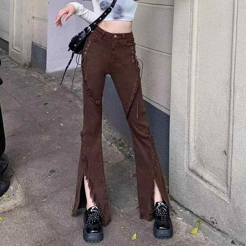 レディース デニムパンツ レトロ スリット フリンジ 紐付き 春秋 ストレッチ ハイウエスト スリムフィット 微フレア カジュアル ロング丈 日常用 コットン素材