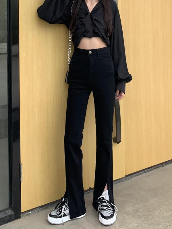 デニムパンツ レディース ブラック ハイウエスト ストレート 微フレア サイドスリット 細見え アンクル丈 ストレッチ デニム素材 カジュアル 普段使い