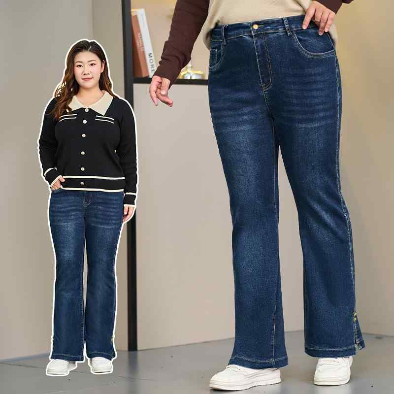 レディース ビッグサイズ デニムパンツ 微フレア スリット入り 冬用 レトロ 伸縮性 スリムフィット スリム見え カジュアル ボトムス 普段使い