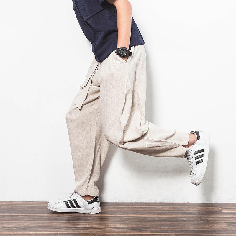 メンズ パンツ 夏用 リネン ハーレムパンツ 大きめサイズ 無地 シンプル 細脚 薄手 カジュアル ロング丈 トレンド 普段使い 軽量 通勤 通年