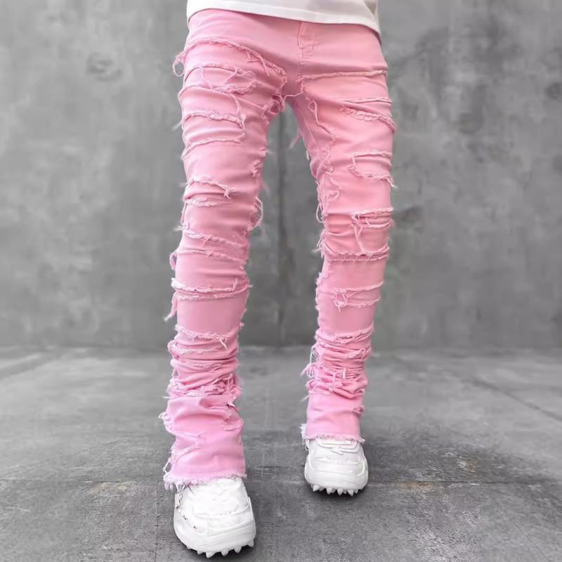 デニムパンツ メンズ ストレート ストレッチ フリンジ 付き パッチ デザイン カジュアル ファッション 普段使い 軽量 伸縮性 通勤 通学 対応