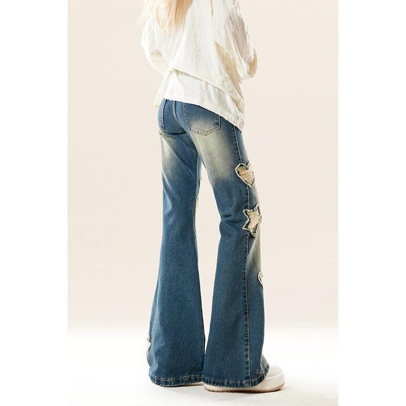 レディース デニムパンツ 秋冬 レトロ ハイウエスト 微フレア スリム ロング 毛羽立ちエッジ 布切り替え カジュアル 普段使い 伸縮性