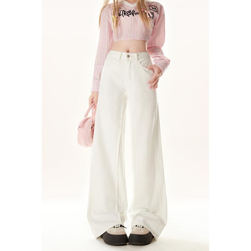 デニムパンツ 女性用 秋冬 ホワイト ハイウエスト ストレート ワイドレッグ 小柄対応 ユニークデザイン カジュアル 普段使い ストレッチ 軽量 モード感