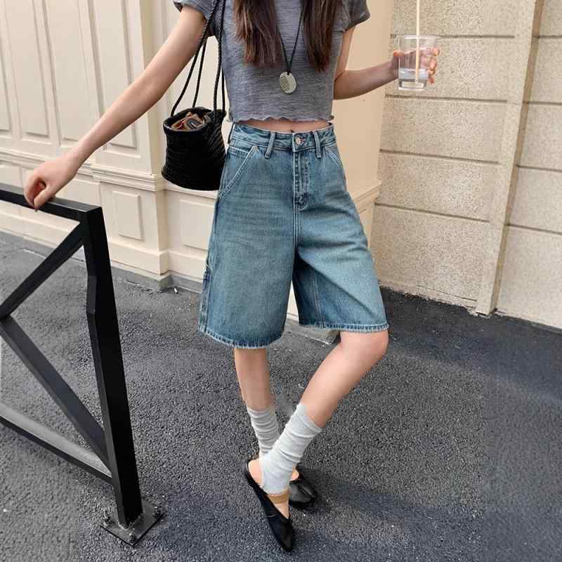 レディース デニム ショートパンツ ハイウエスト Aライン 5分丈 夏用 薄手 ブルー カジュアル 普段使い 伸縮性 軽量パンツ