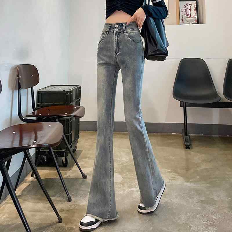 デニムパンツ 女性用 レトロ ハイウエスト フレア スリムフィット ロング丈 春秋 小柄対応 ストレッチ デニム素材 普段使い 修身シルエット ?・覧効果