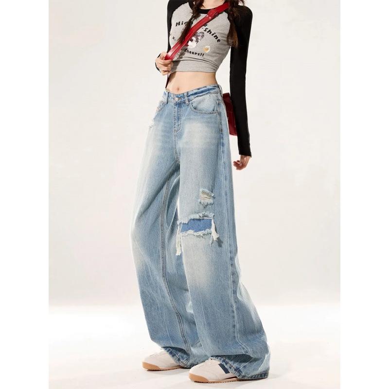 デニムパンツ レディース ハイウエスト ワイドレッグ ルーズフィット スリム見え フリンジ 破れ加工 デザイン ストレート レッグ ロング 春 カジュアル コットン 普段使い 4,685円