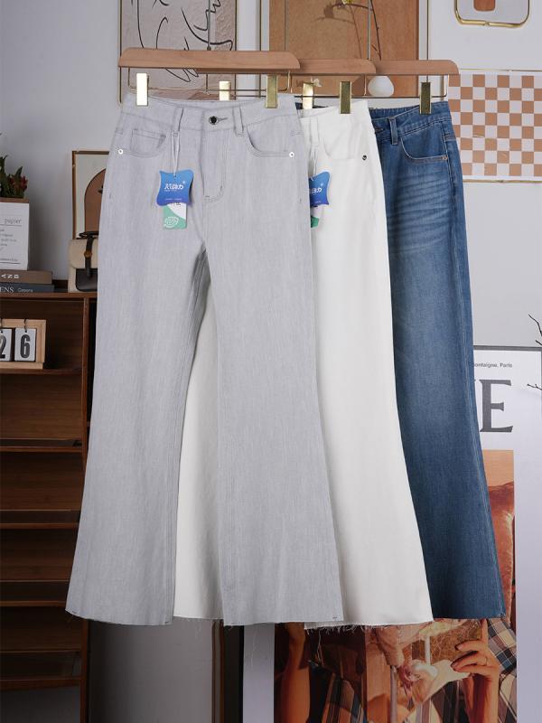 レディース デニムパンツ ハイウエスト 微フレア フリンジ 薄手 伸縮性 素材 スリム シンプル 普段使い カジュアル ロング ボトムス
