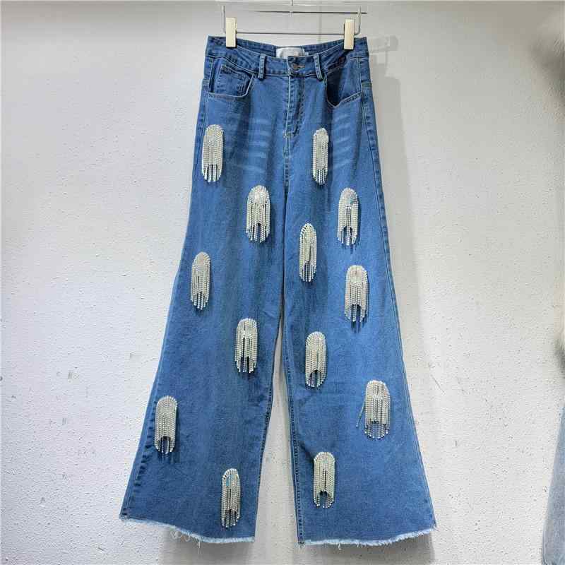 レディース ワイドレッグパンツ ジーンズ ゆったり ビッグ影ぼうし レトロ ウォッシュド 手作り フリンジ スタッズ ビーズ 引っ切りない ロング丈 春夏 心地よい 普段使い