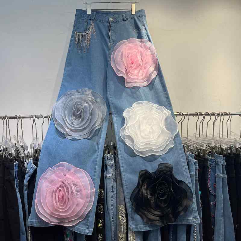 デニムパンツ ストレート 春夏 欧米風 フリンジ チェーン 立体 大花 デザイン ストリート カジュアル 普段使い ボトムス トップス コーディネート 軽量 伸縮性