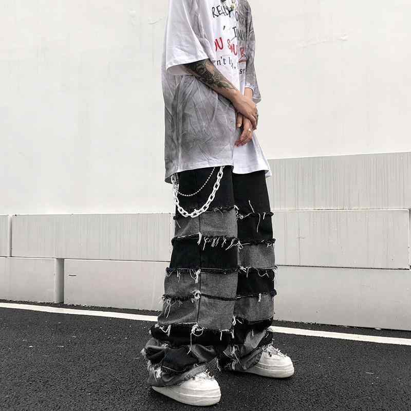 メンズ デニムパンツ アメリカン ビンテージ風 フリンジ ルーズフィット ワイドレッグ ヒップホップ スタイル リラックス ビッグサイズ カジュアル 普段使い ストリートファッション ドレープ感