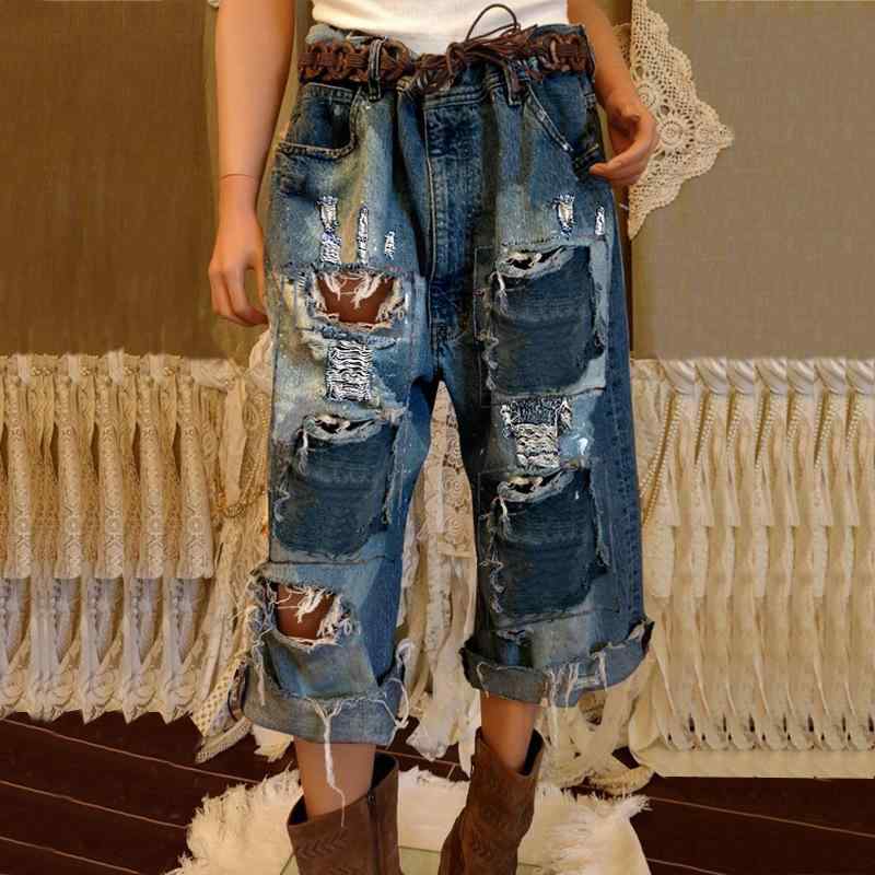 レディース ワイドレッグ デニムパンツ ダメージ 加工 フリンジ ウェスタン レトロ ゆったり アンクル丈 カジュアル ボトムス コットン素材 普段使い 軽量 伸縮性