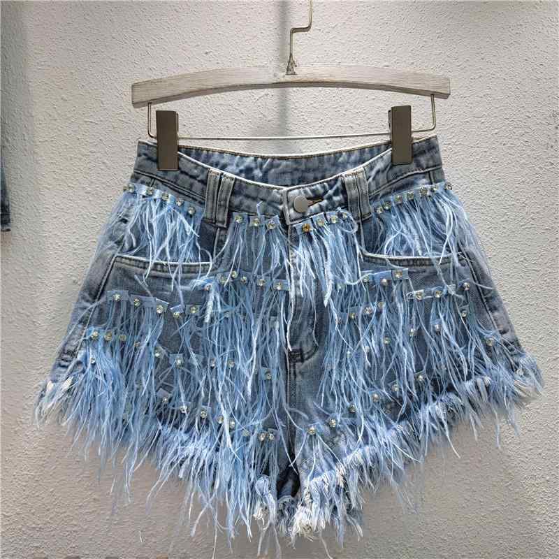 レディース デニム ショートパンツ 夏 フリンジ ジルコニア フェザー 装飾 スリム シルエット コーディネート 簡単 スタイリッシュ 軽量 伸縮性 吸湿速乾 ブルー系