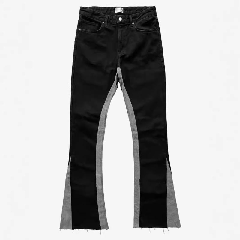 メンズ レディース デニムパンツ アメリカンスタイル カラーブロック 切り替え フリンジ スリムフィット フレア レッグ ロングパンツ カジュアル ストリート ファッション