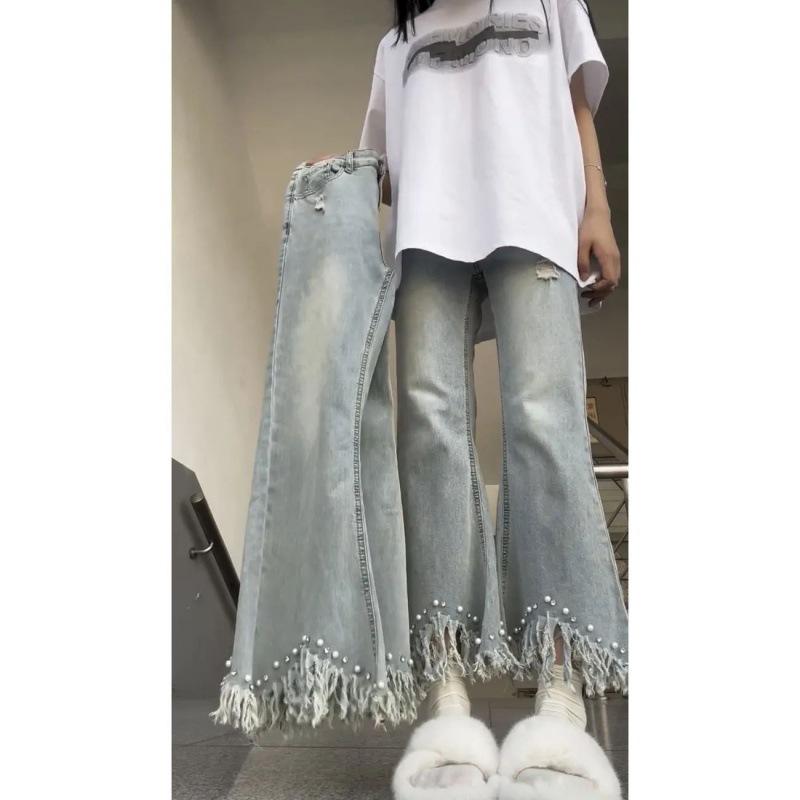 レディース デニムパンツ 9分丈 パールタッセル 秋 カジュアル 大サイズ 小柄向け ストレート ルーズ スリムシルエット 微フレア ボトムス コットン素材 普段使い