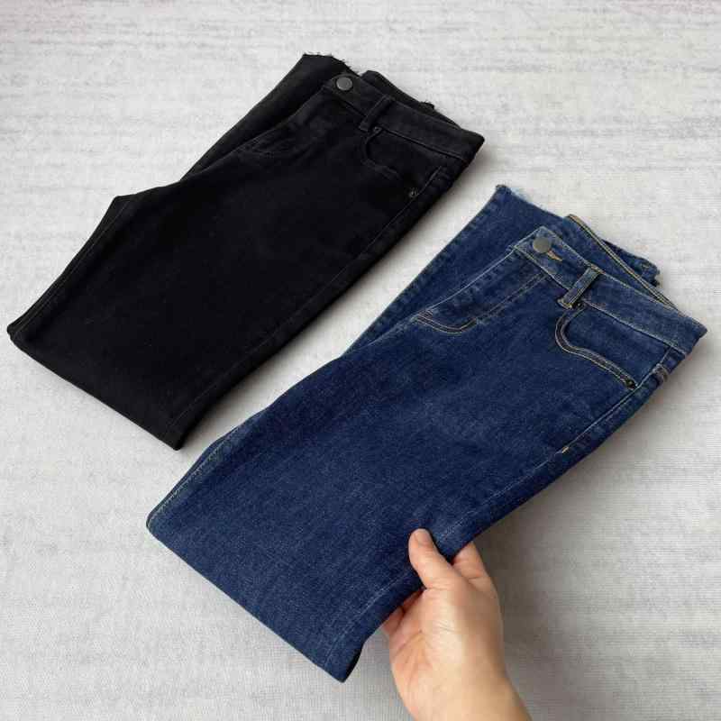 デニムパンツ レディース ハイウエスト 伸縮性 コットン 美脚効果 裾フリンジ マイクロフレア アンクル丈 カジュアル 普段使い 春夏