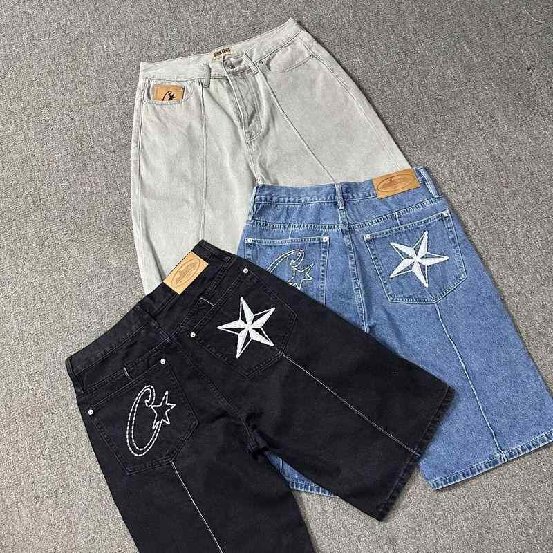 デニム ショートパンツ 星 刺繍 ビンテージ 加工 ウォッシュド レトロ スタイル カジュアル ストリート ファッション ジーンズ ハーフパンツ 普段使い コーディネート しやすい ゆったり フィット