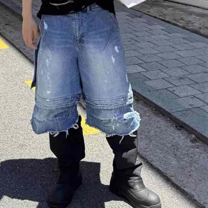 メンズ デニム ショーツ ルーズフィット カーゴパンツ 膝上丈 アメリカンスタイル ウォッシュ加工 ダメージ加工 ビンテージ風 カジュアル ストリート コットン素材 動きやすい 夏用