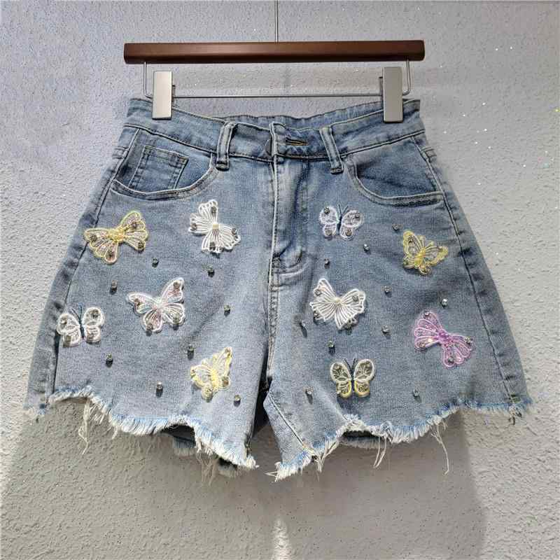 デニム ショートパンツ レディース 夏 ダメージ フラワー 刺繍 ビーズ 装飾 ワイドレッグ スリム カジュアル ボトムス ジーンズ ショーツ トレンド